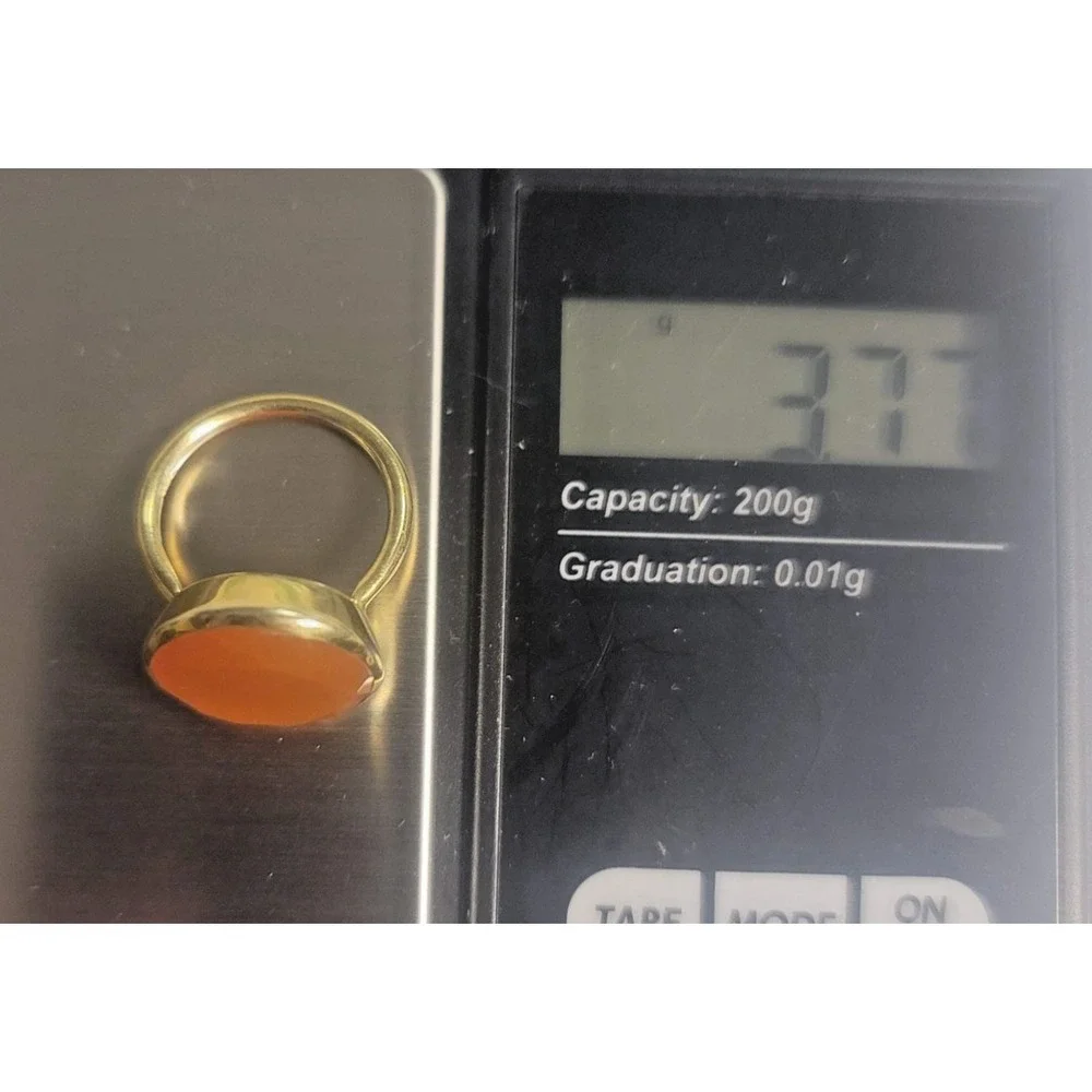 Gold Vermeil 925 Orange Gemstone Ring Size‎ 7 Round Cabochon Carnelian Statement
